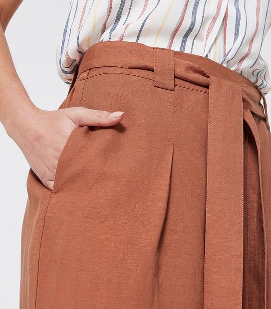 Linen Blend Belted Culotte Pants - Dark Watermelon Red