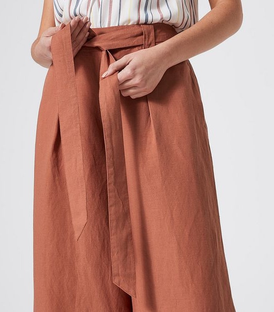 Linen Blend Belted Culotte Pants - Dark Watermelon Red