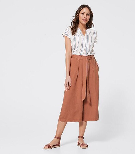Linen Blend Belted Culotte Pants - Dark Watermelon Red
