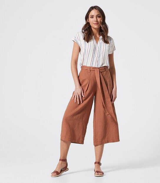 Linen Blend Belted Culotte Pants - Dark Watermelon Red
