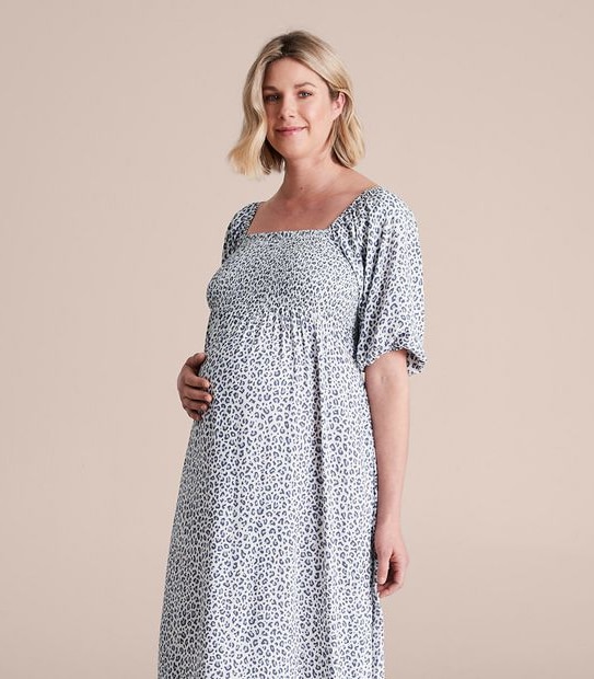 Maternity Puff Sleeves Shirred Bodice Dress