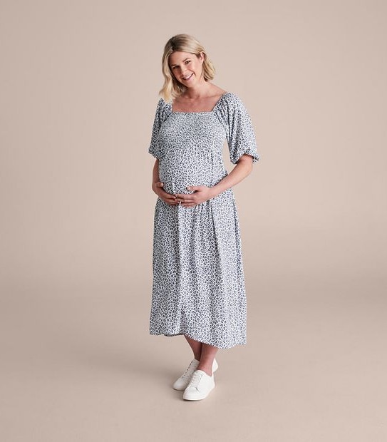 Maternity Puff Sleeves Shirred Bodice Dress