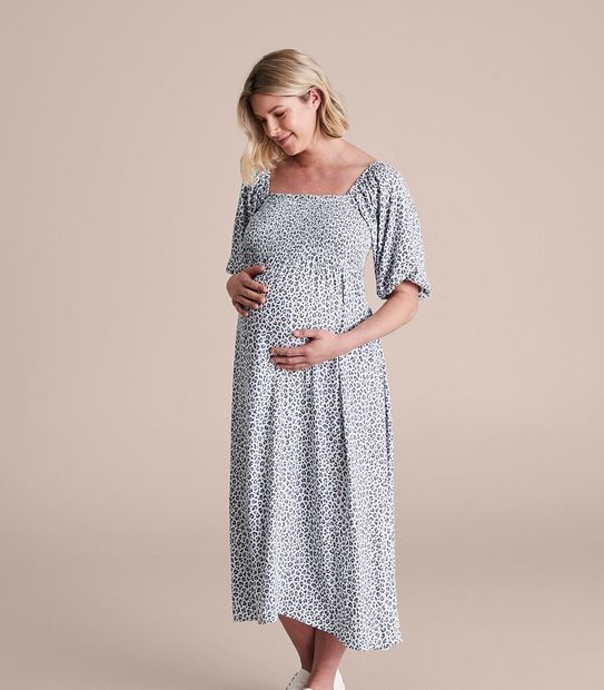 Maternity Puff Sleeves Shirred Bodice Dress