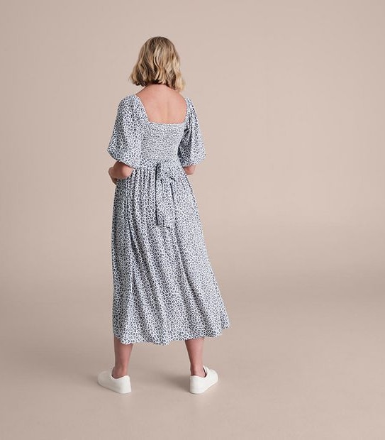 Maternity Puff Sleeves Shirred Bodice Dress