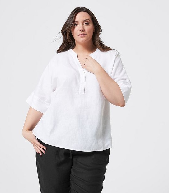 Belle Curve 3/4 Length Linen Tunic Top - White
