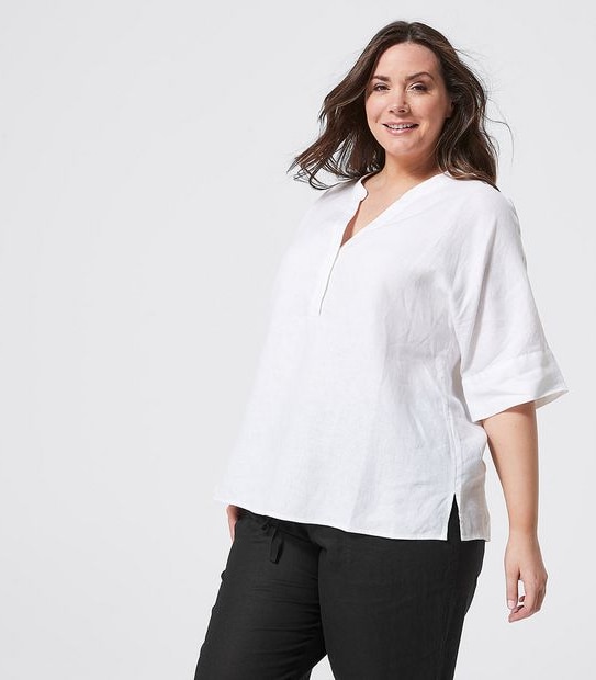 Belle Curve 3/4 Length Linen Tunic Top - White