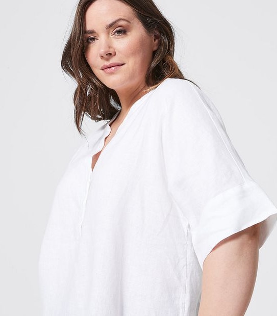 Belle Curve 3/4 Length Linen Tunic Top - White