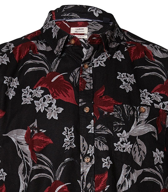 Men's Short Sleeve Linen Shirt - Floral Black