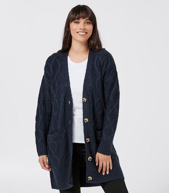 Cable Knit Button Through Cardigan - Navy Blue