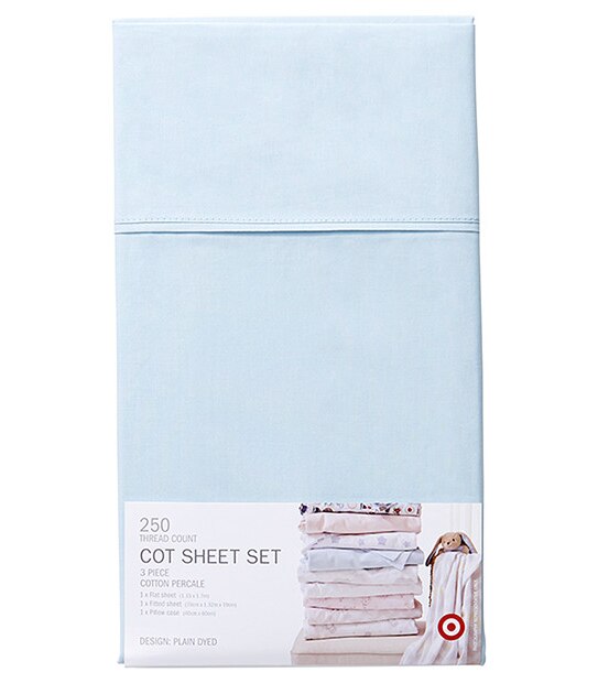 Percale 250 Thread Count 3 Piece Cot Fitted Sheet Set Pastel Blue