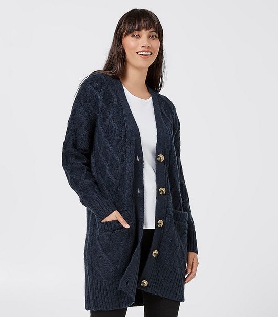 Cable Knit Button Through Cardigan - Navy Blue