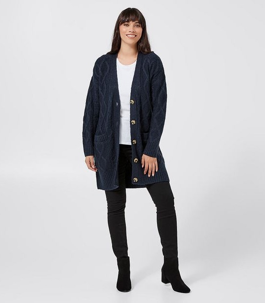 Cable Knit Button Through Cardigan - Navy Blue