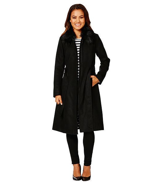 Dannii Minogue Petites Longline Fur Collar Coat - Black
