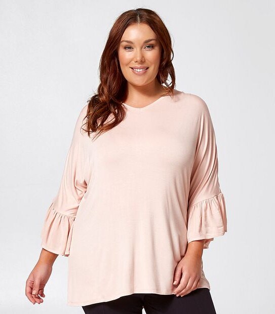 Belle Curve Frill Sleeve T-Shirt - Pink