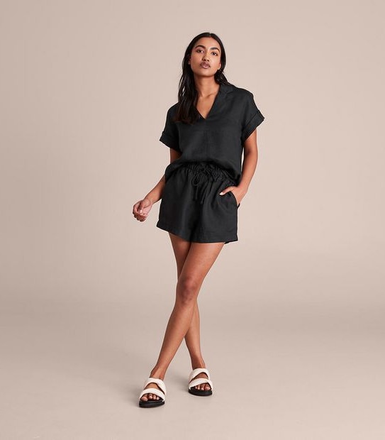 European Linen Roll Cuff Sleeve Blouse
