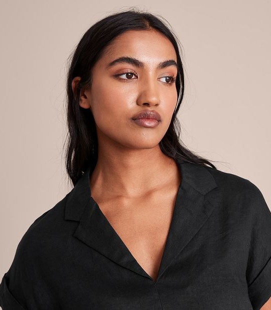 European Linen Roll Cuff Sleeve Blouse