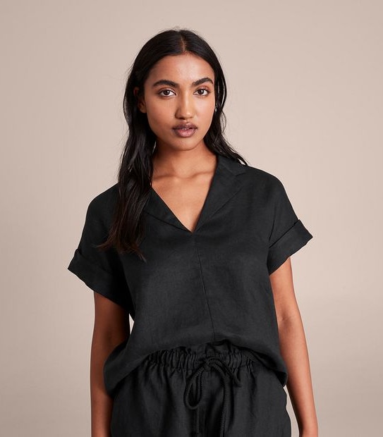 European Linen Roll Cuff Sleeve Blouse