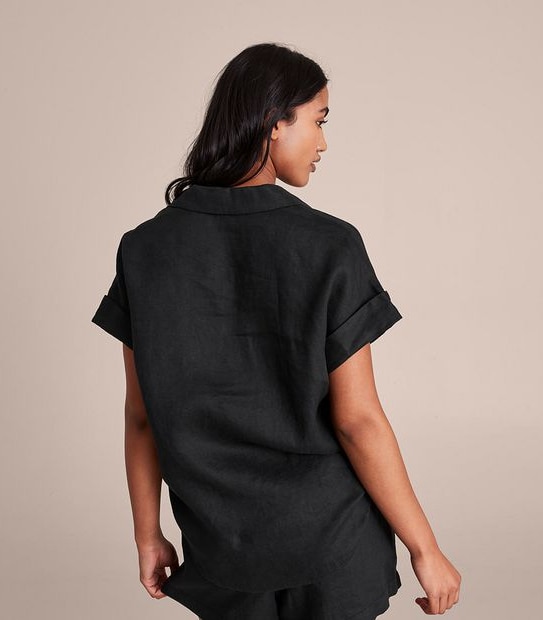 European Linen Roll Cuff Sleeve Blouse