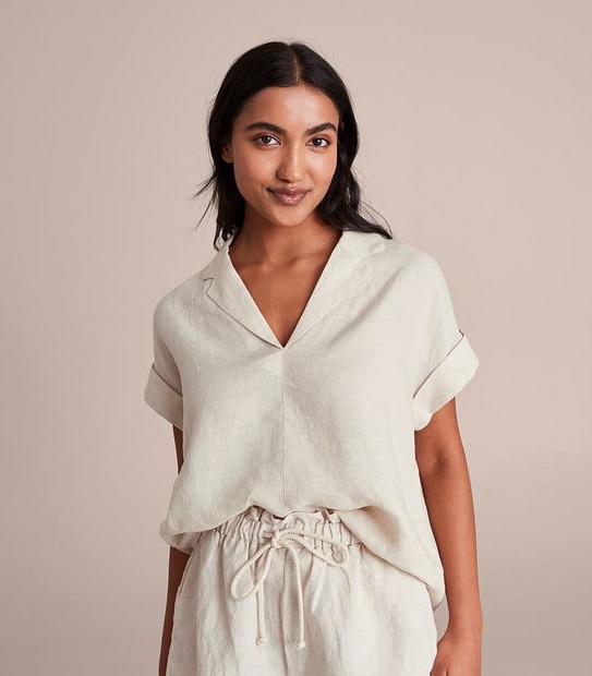 European Linen Roll Cuff Sleeve Blouse