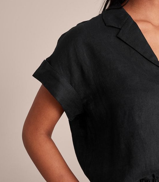European Linen Roll Cuff Sleeve Blouse