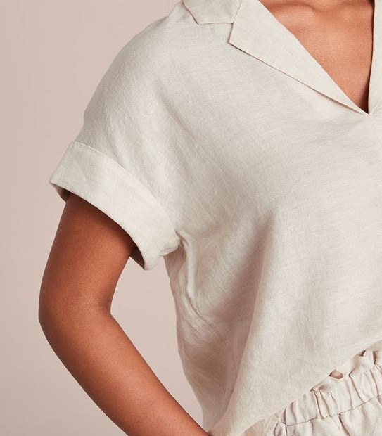 European Linen Roll Cuff Sleeve Blouse