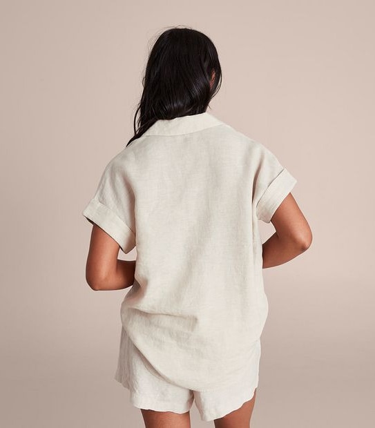 European Linen Roll Cuff Sleeve Blouse