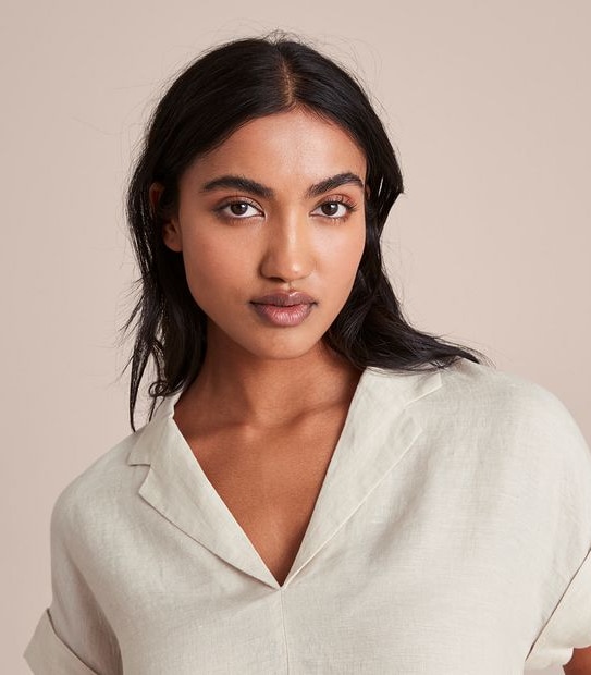 European Linen Roll Cuff Sleeve Blouse