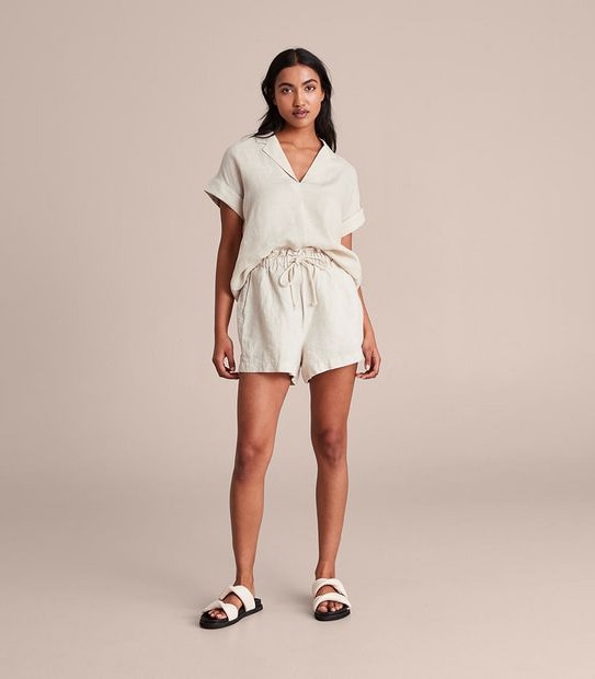 European Linen Roll Cuff Sleeve Blouse
