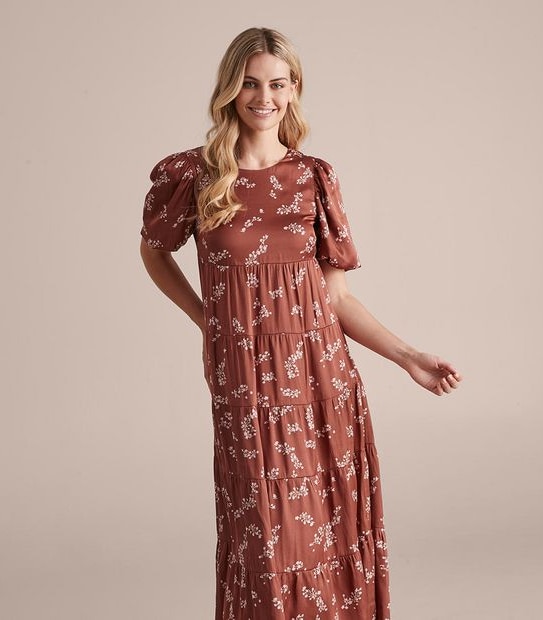 Preview Puff Sleeve Tiered Midi Dress