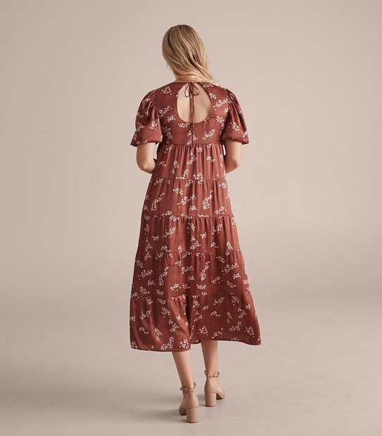 Preview Puff Sleeve Tiered Midi Dress