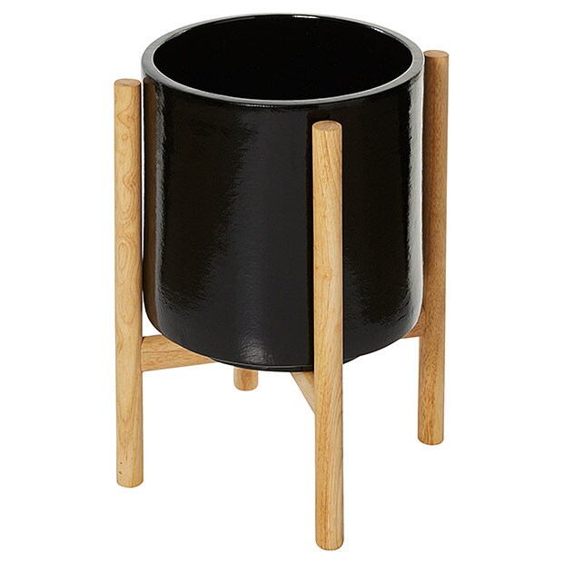 Ceramic Pot With Wooden Stand Black Target Australia Ceramic Pot With Wooden Stand Black