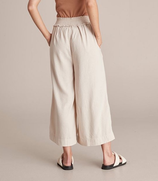 Linen Blend Shirred Wide Leg Pants