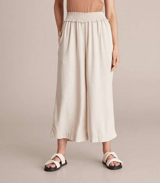 Linen Blend Shirred Wide Leg Pants