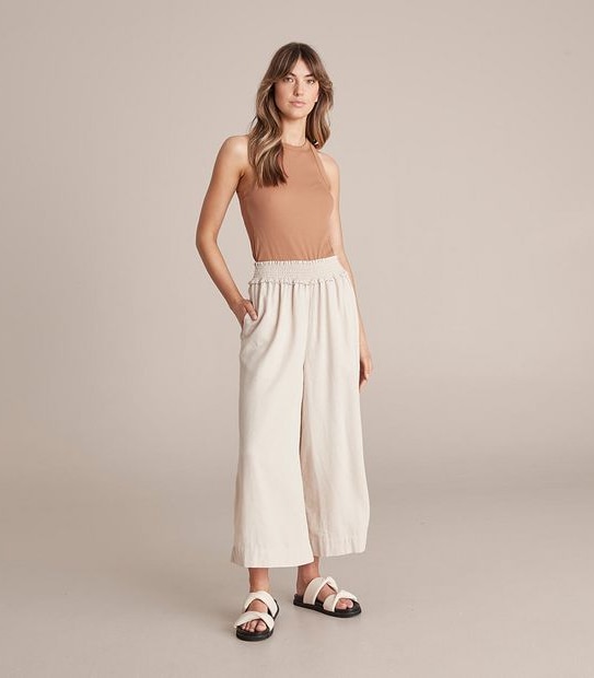 Linen Blend Shirred Wide Leg Pants