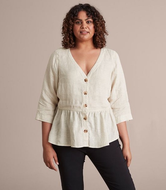 Curve European Linen 3/4 Sleeve V-Neck Blouse