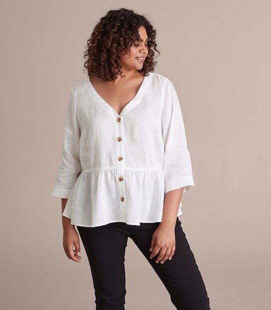 Curve European Linen 3/4 Sleeve V-Neck Blouse
