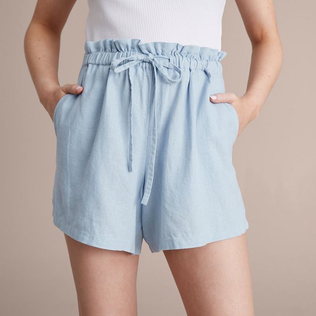 shorts de tela tiro alto