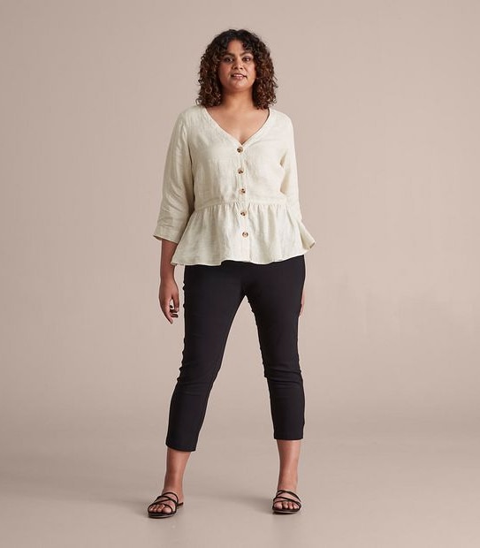 Curve European Linen 3/4 Sleeve V-Neck Blouse