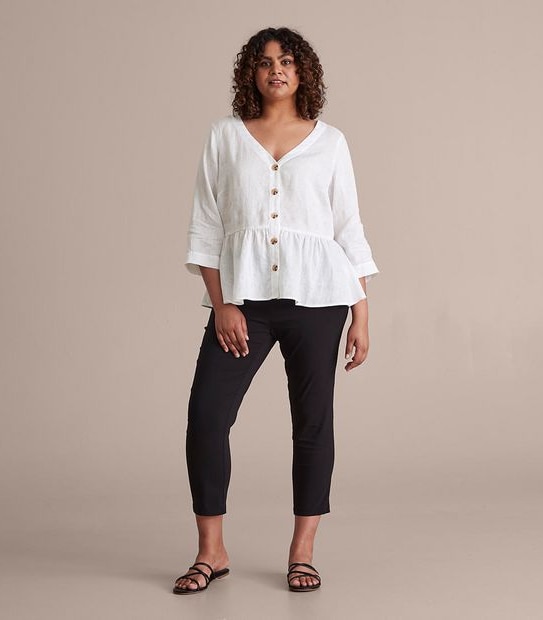Curve European Linen 3/4 Sleeve V-Neck Blouse
