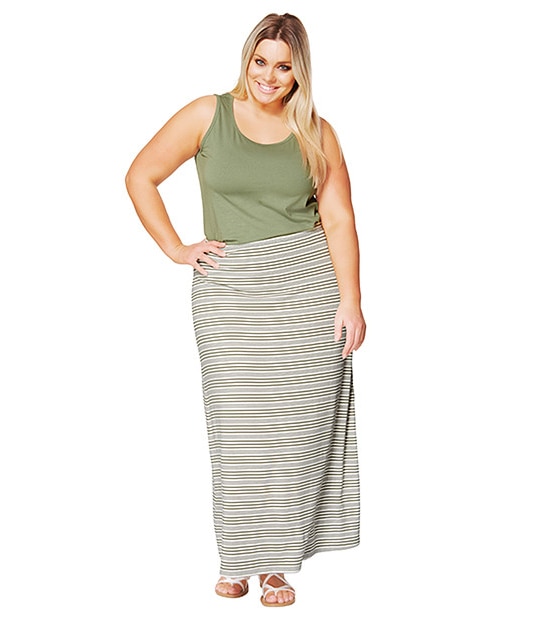 Belle Curve Stripe Maxi Skirt - Seaspray / White