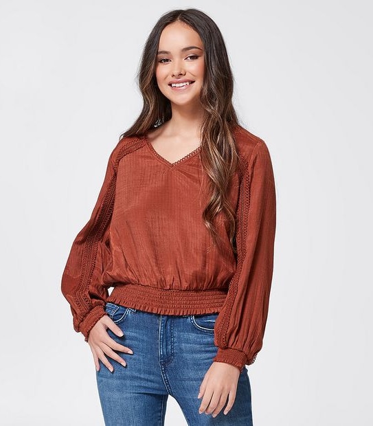 Dannii Minogue Petites Woven Ruched Lace Insert Top - Brown