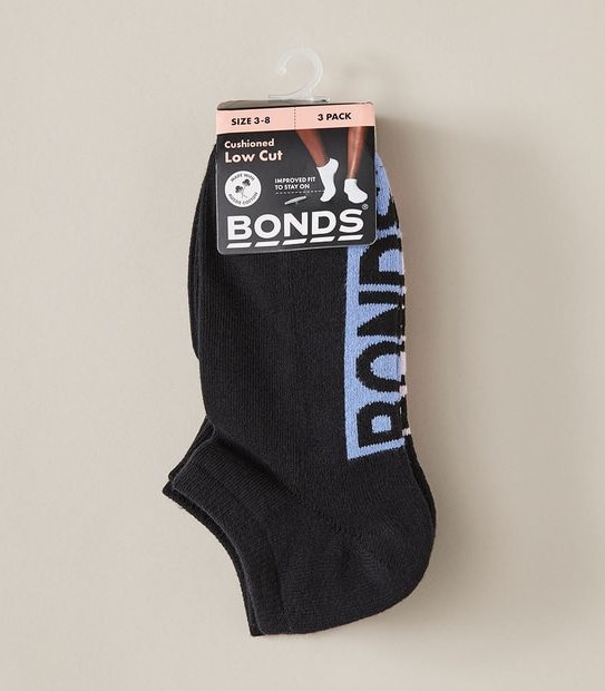 Bonds 3 Pack Cushioned Low Cut Socks - Black