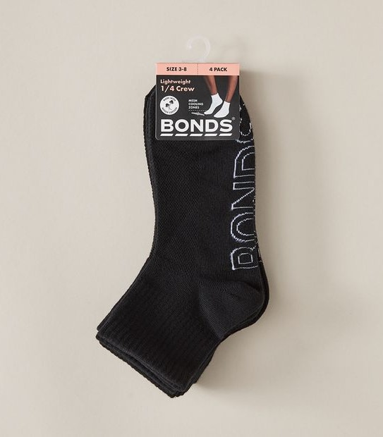 Bonds 4 Pack Lightweight 1/4 Crew Socks - Black