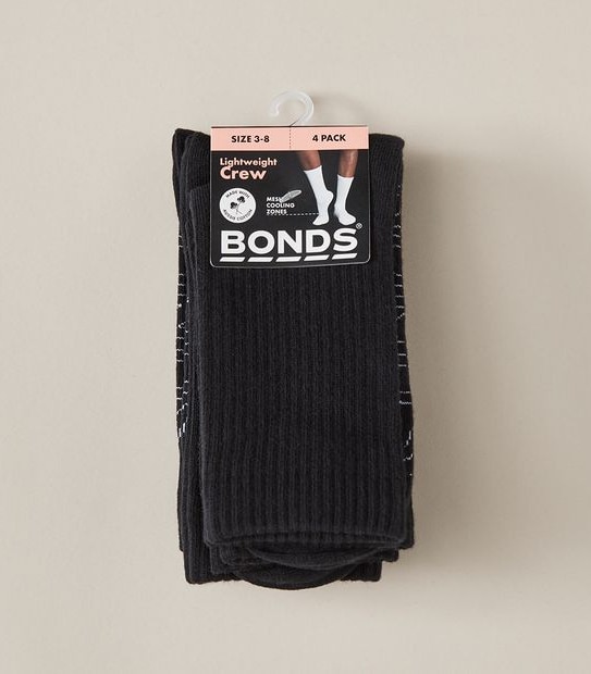 Bonds 4 Pack Lightweight Crew Socks - Black