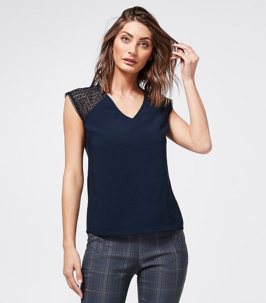 Preview Lace Sleeve Shell Top - Navy Blue