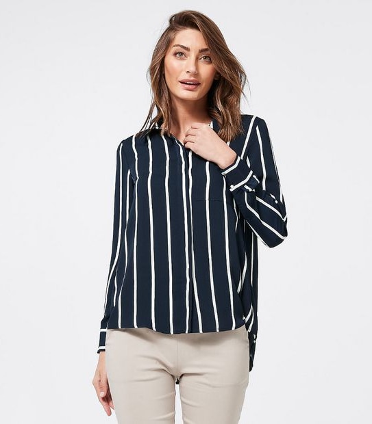 Preview Long Sleeve Relaxed Shirt - Navy Blue/White Stripe