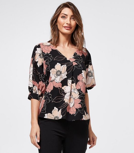Preview Elbow Length Sleeve Shell Top - Pink Line Floral