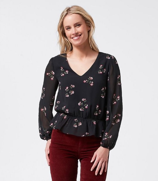 Lily Loves Elastic Waist Peplum Blouse - Black Floral