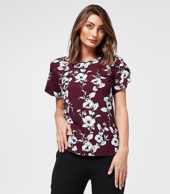 Preview Evie Tulip Sleeve Blouse - Burgundy Flat Floral
