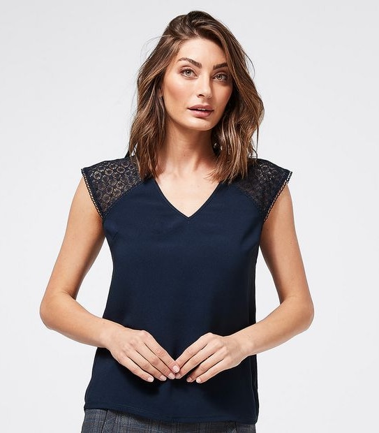 Preview Lace Sleeve Shell Top - Navy Blue